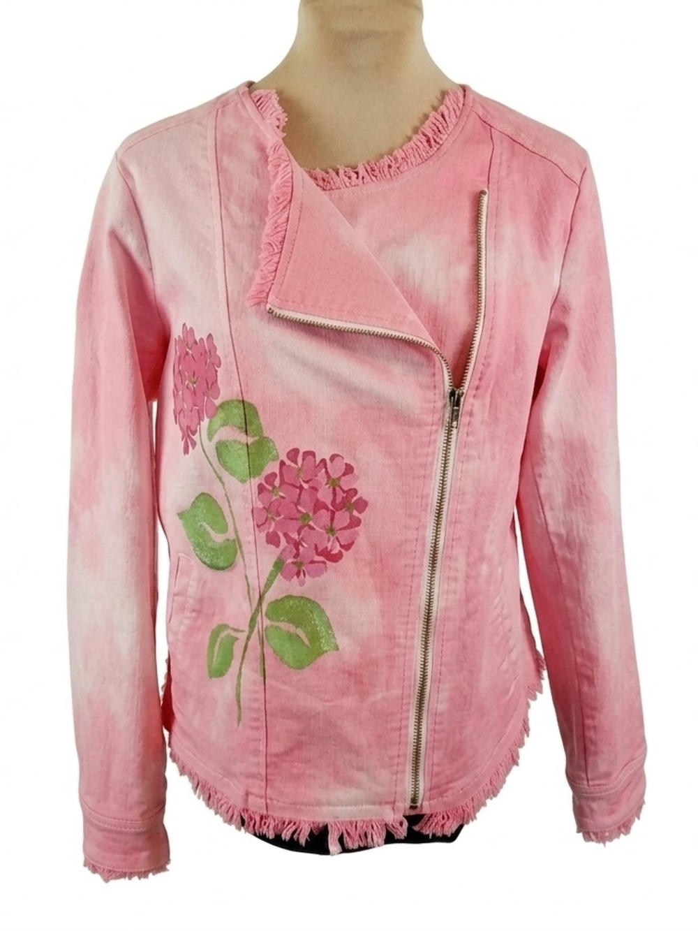 DG2 Pink Floral Fringe Jean Jacket
